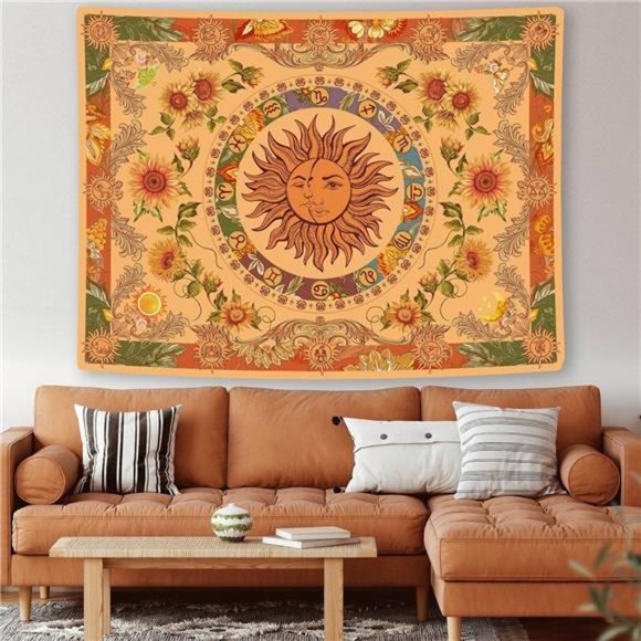 Yellow Sun and Moon Tapestry Vintage Indie Boho Tapestry Wall Hanging